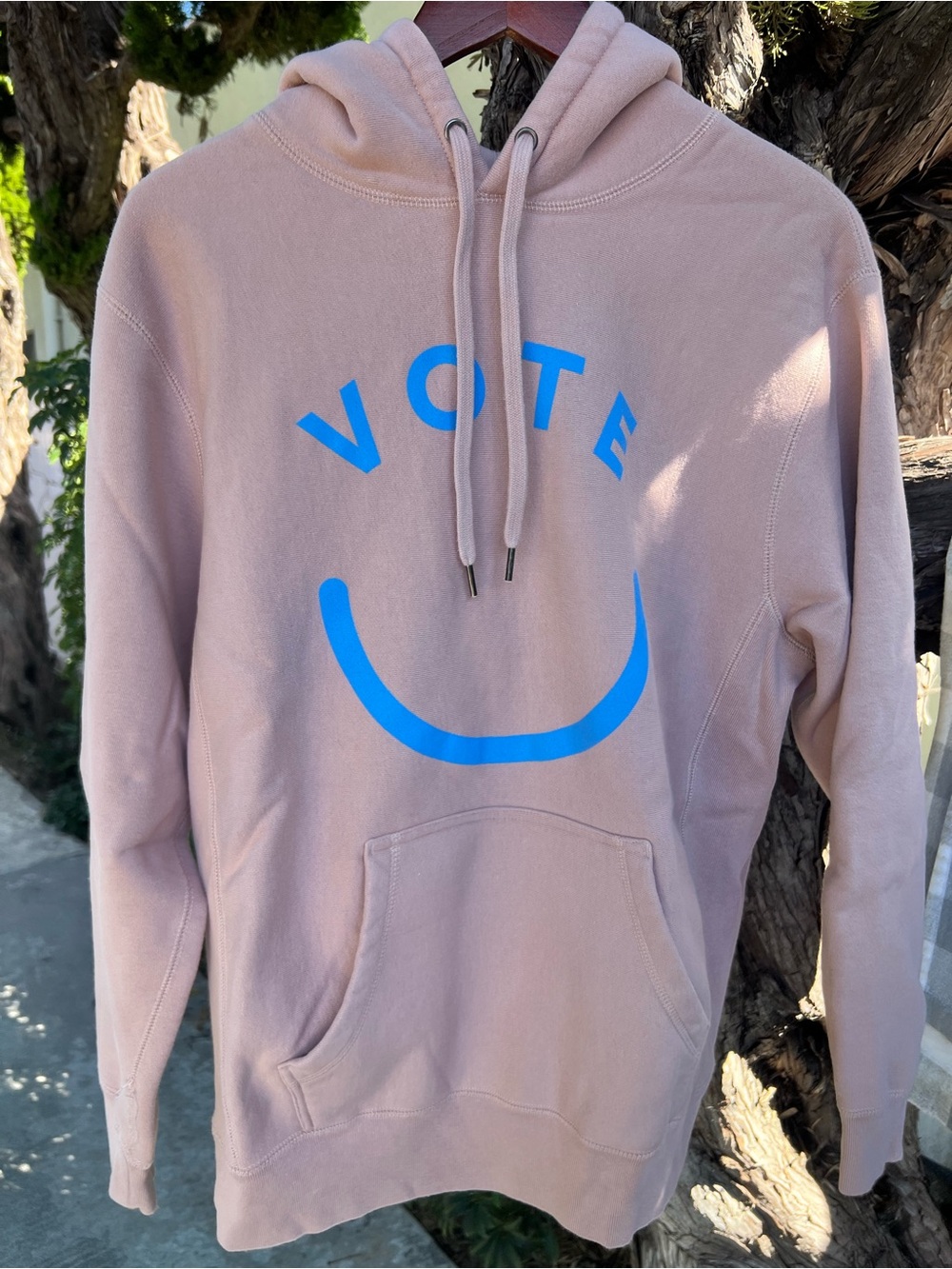 Pink Graphic Pullover Hoodie with Blue 'VOTE' Smile